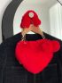 Neon Red Heart Design Satchel Pom Pom Decor Fluffy Novelty Bag