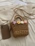 Mini Drawstring Design Satchels Bag Flower Decor Straw Bag For Vacation