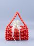 Red Beaded Square Bag With Drawstring Inner Pouch For Vacation