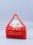 Red Beaded Square Bag With Drawstring Inner Pouch For Vacation