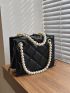 Mini Quilted Pattern Satchel Metal & Pearl Decor Square Bag