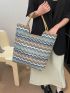 Geometric Pattern Tote Bag Colorblock Straw Bag