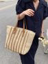 Large Tote Bag Striped Pattern Straw Bag For Vacation