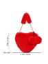 Neon Red Heart Design Satchel Pom Pom Decor Fluffy Novelty Bag