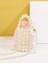 Faux Pearl Beaded Bucket Bag Silver Fashionable With Drawstring Inner Pouch