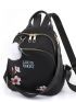 Embroidered Flower Classic Backpack Oxford Black Pom Pom Decor For School