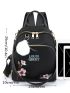 Embroidered Flower Classic Backpack Oxford Black Pom Pom Decor For School