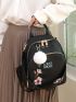 Embroidered Flower Classic Backpack Oxford Black Pom Pom Decor For School