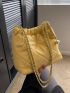 Mini Shoulder Bag Fashionable Yellow Metal Decor Quilted Detail With Zipper For Daily Life PU