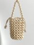 Mini Vacation Satchel Bag With Inner Pouch Bead Decor Hollow Out Bamboo For Daily