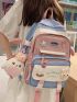 Color Block Classic Backpack Release Buckle Decor Patch Detail With Bag Charm For School