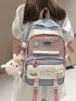 Color Block Classic Backpack Release Buckle Decor Patch Detail With Bag Charm For School