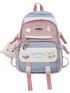 Color Block Classic Backpack Release Buckle Decor Patch Detail With Bag Charm For School