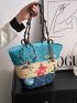 Color Block Straw Bag Floral Pattern Vacation For Beach