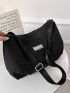 Letter Patch Decor Ruched Bag Black Oversized For School