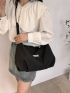 Letter Patch Decor Ruched Bag Black Oversized For School