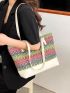 Medium Straw Bag Colorblock Geometric Pattern