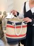 Colorblock Straw Bag Double Handle For Beach Vacation Travel