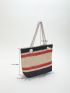 Colorblock Straw Bag Double Handle For Beach Vacation Travel