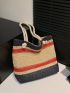 Colorblock Straw Bag Double Handle For Beach Vacation Travel