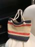 Colorblock Straw Bag Double Handle For Beach Vacation Travel