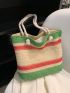 Colorblock Straw Bag Double Handle For Beach Vacation Travel