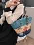 Large Straw Bag Colorblock Star Pattern For Beach