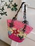 Large Straw Bag Colorblock Star Pattern For Beach