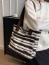 Striped Pattern Shopper Bag Polyester For Shopping