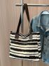 Striped Pattern Shopper Bag Polyester For Shopping