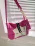 Two Tone Hobo Bag Letter Patch & Chain Decor Neon Pink