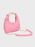 Quilted Pattern Top Handle Hobo Bag Chain Decor Fashion Pink