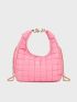 Quilted Pattern Top Handle Hobo Bag Chain Decor Fashion Pink