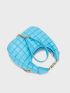 Quilted Pattern Top Handle Hobo Bag Chain Decor Fashion Blue