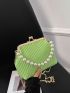 Kiss Lock Satchel Bag Faux Pearl Beaded Chain Green PU Fashionable