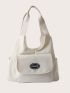 Letter Patch Detail Shoulder Tote Bag Pocket Front Casual For Daily Life