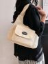 Letter Patch Detail Shoulder Tote Bag Pocket Front Casual For Daily Life