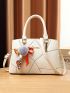 Medium Square Bag Geometric Pattern Letter Decor With Bow & Pom Pom Bag Charm