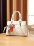 Medium Square Bag Geometric Pattern Letter Decor With Bow & Pom Pom Bag Charm