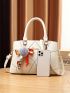 Medium Square Bag Geometric Pattern Letter Decor With Bow & Pom Pom Bag Charm