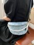 Faux Pearl Beaded Waist Bag Flower Graphic Blue Small