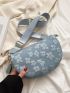 Faux Pearl Beaded Waist Bag Flower Graphic Blue Small