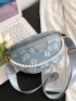 Faux Pearl Beaded Waist Bag Flower Graphic Blue Small