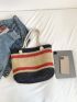 Large Straw Bag Colorblock Double Handle For Vacation