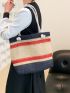 Large Straw Bag Colorblock Double Handle For Vacation