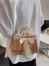 Small Straw Bag Vacation Faux Pearl & Twilly Scarf Decor Drawstring Chain Wooden For Summer