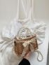 Small Straw Bag Vacation Faux Pearl & Twilly Scarf Decor Drawstring Chain Wooden For Summer