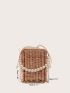 Mini Drawstring Design Pearl Strap Straw Bag
