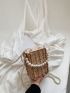 Mini Drawstring Design Pearl Strap Straw Bag