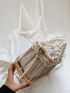 Mini Drawstring Design Pearl Strap Straw Bag